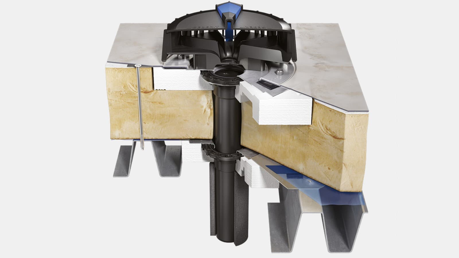 Shkarkuesit e ujërave të çatisë Geberit Pluvia për çati të izoluar me lidhje me barrierë avulli dhe membranë çatie si nivel mbajtës uji Shkarkuesit e ujërave të çatisë Geberit Pluvia për çati të izoluar me lidhje me barrierë avulli dhe membranë çatie si nivel mbajtës uji