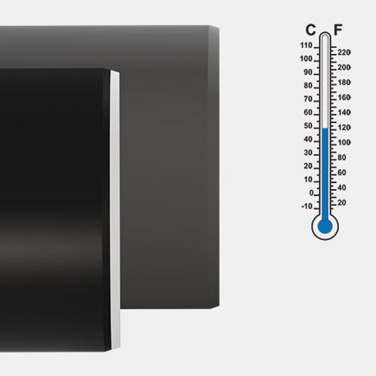 Geberit Silent-PP ofron rezistencë të shkëlqyer ndaj temperaturës falë zgjerimit të ulët linear të materialit PP-MD. Geberit Silent-PP ofron rezistencë të shkëlqyer ndaj temperaturës falë zgjerimit të ulët linear të materialit PP-MD.