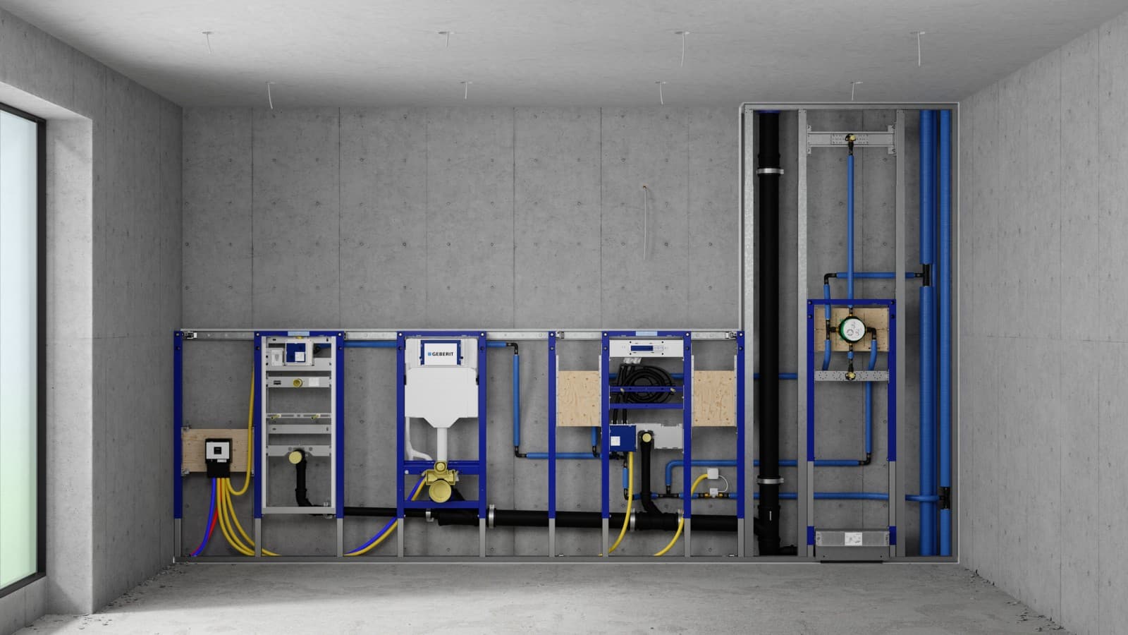 Mur instalimi me elemente Geberit Duofix për urinator, WC, lavaman dhe dush Mur instalimi me elemente Geberit Duofix për urinator, WC, lavaman dhe dush