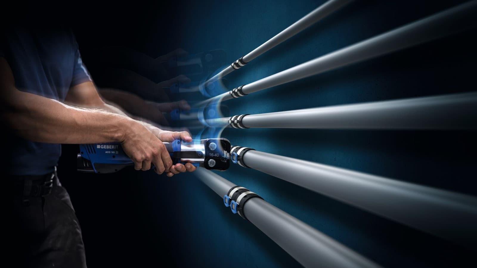 Pinca manuale presimi Geberit Flow për dimensionet d16 deri në d40 Pinca manuale presimi Geberit Flow për dimensionet d16 deri në d40